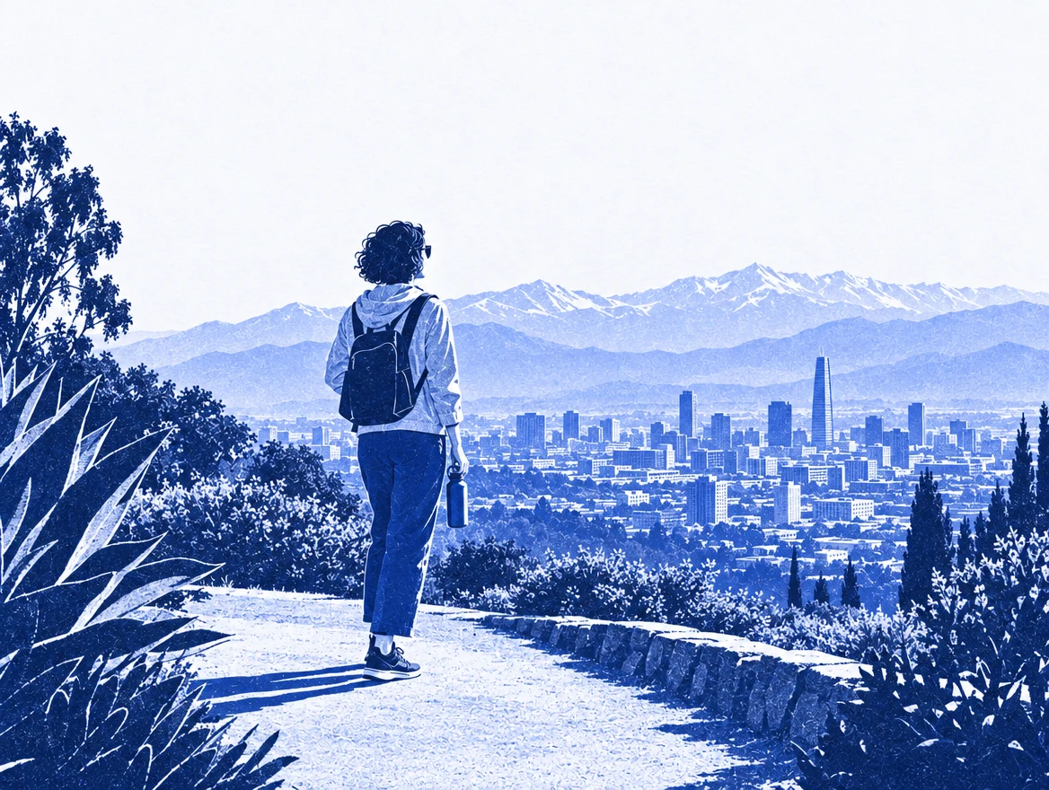 Una persona contemplando Santiago y la cordillera desde un sendero inspirado en Cerro San Cristóbal.