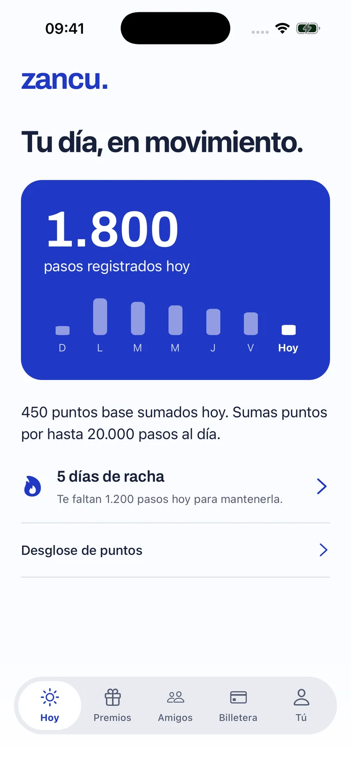 Pantalla Hoy de Zancu con pasos registrados, resumen semanal y acceso a la racha.