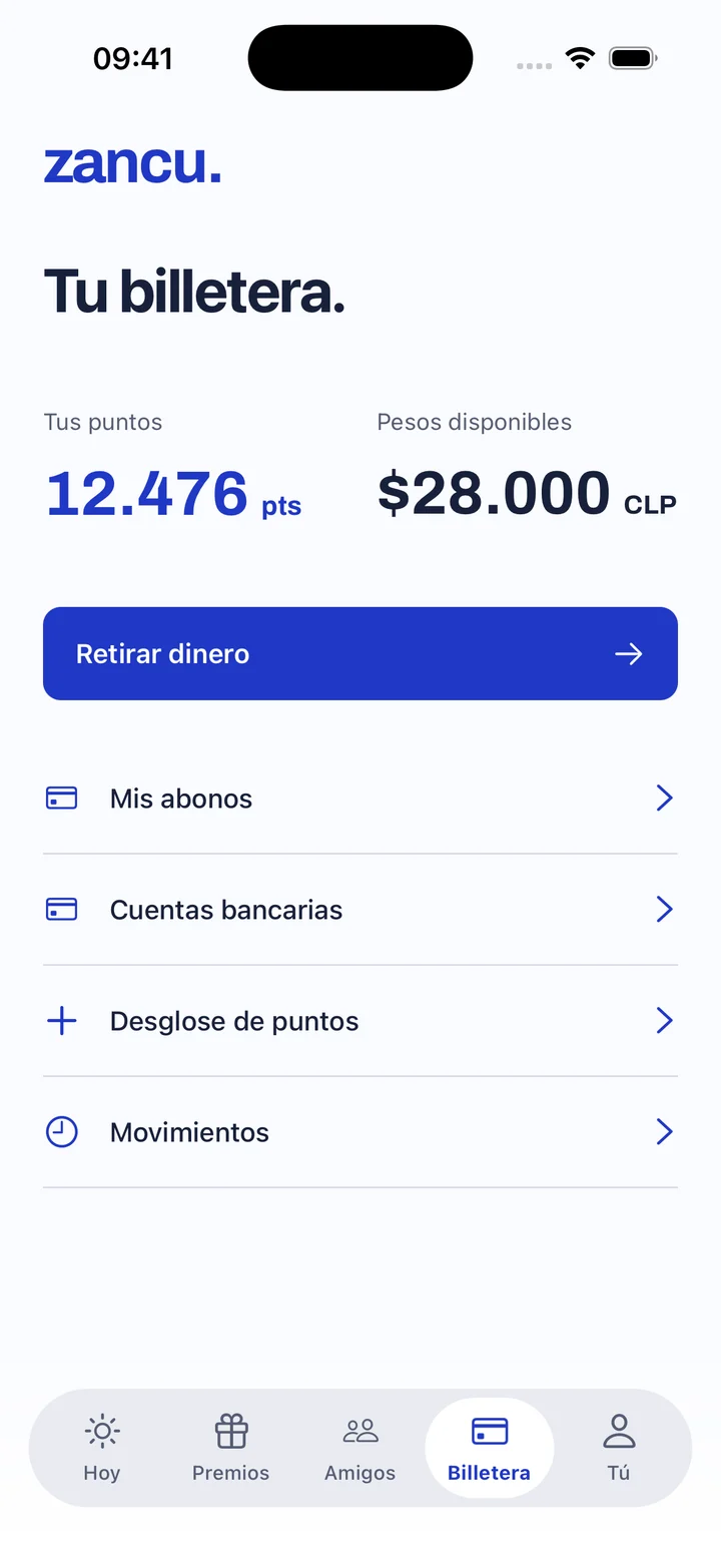 Billetera de Zancu con puntos disponibles, saldo en pesos y acceso a abonos.
